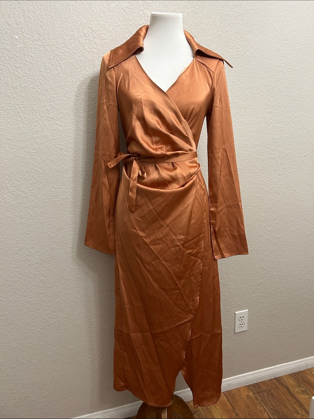 Shein Copper Satin Wrap Midi Dress Long Lantern Sleeves Small